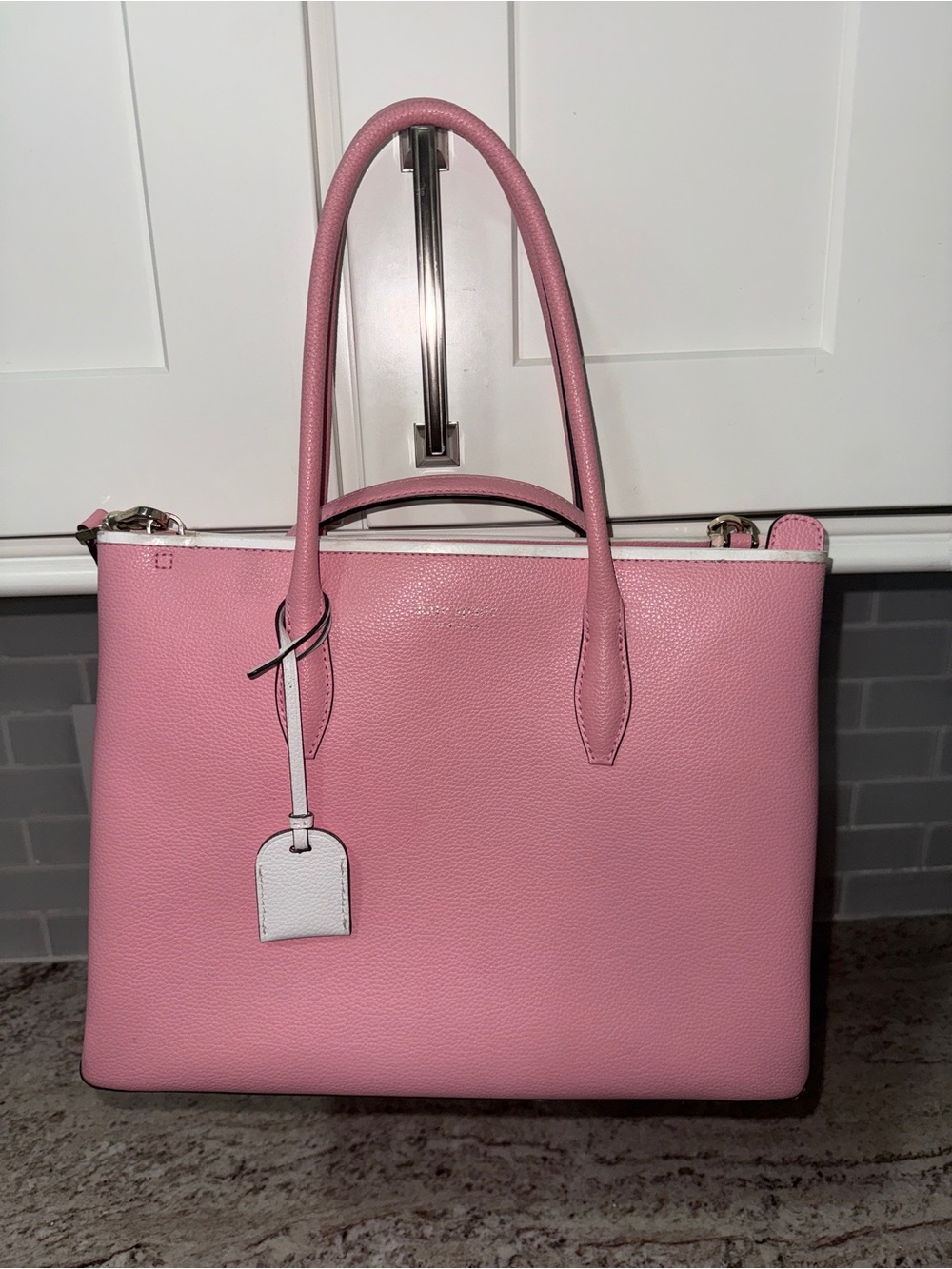 Pink Leather Tote Bag with White Accent - Women's Handbag